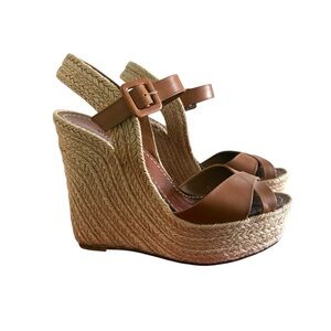 Valentino Brown Leather Espadrille Wedge Sandals